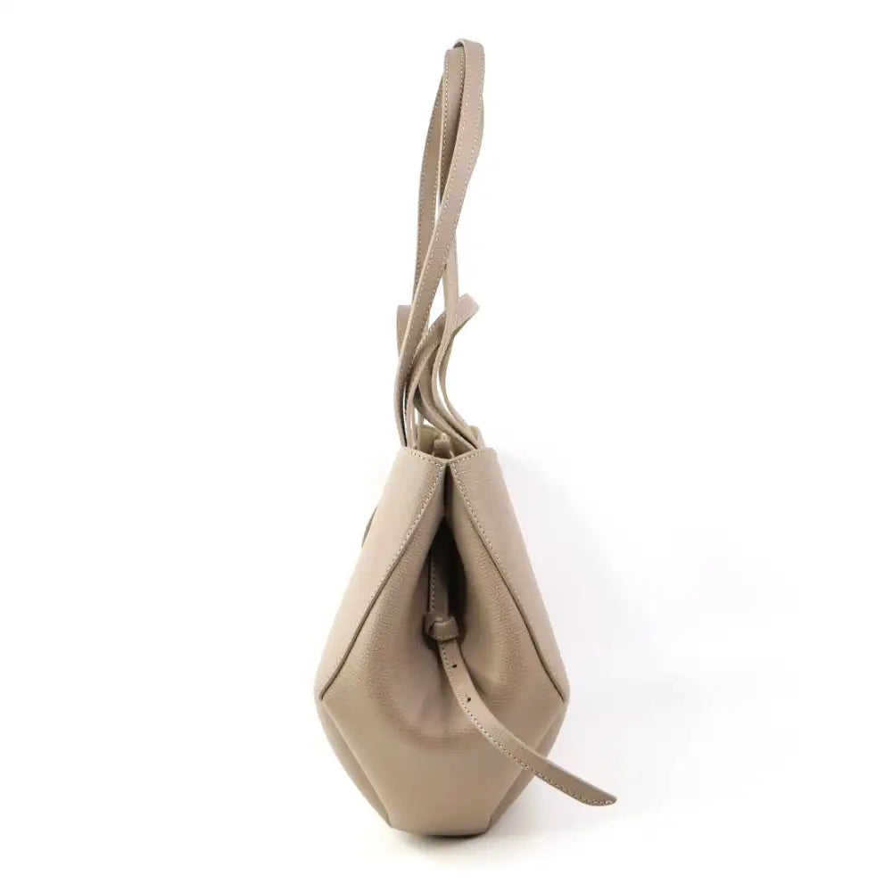 Polene Grained Beige Leather Tote Bag